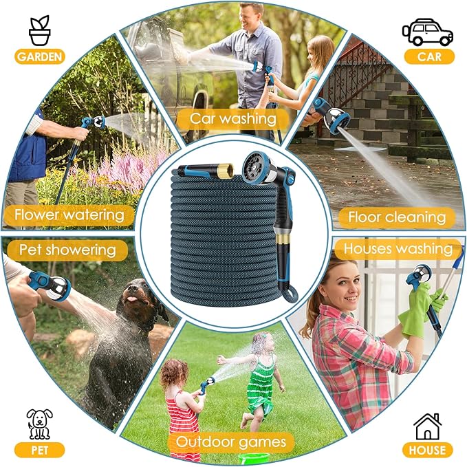 Non-Expandable Garden Hose 150 FT, Lightweight Hose with 10 Function Spray Nozzle, Kink-Free Flexible Water Hose, Durable, Leak-Proof, 360° Swivel Connectors, Portable Storage Strap