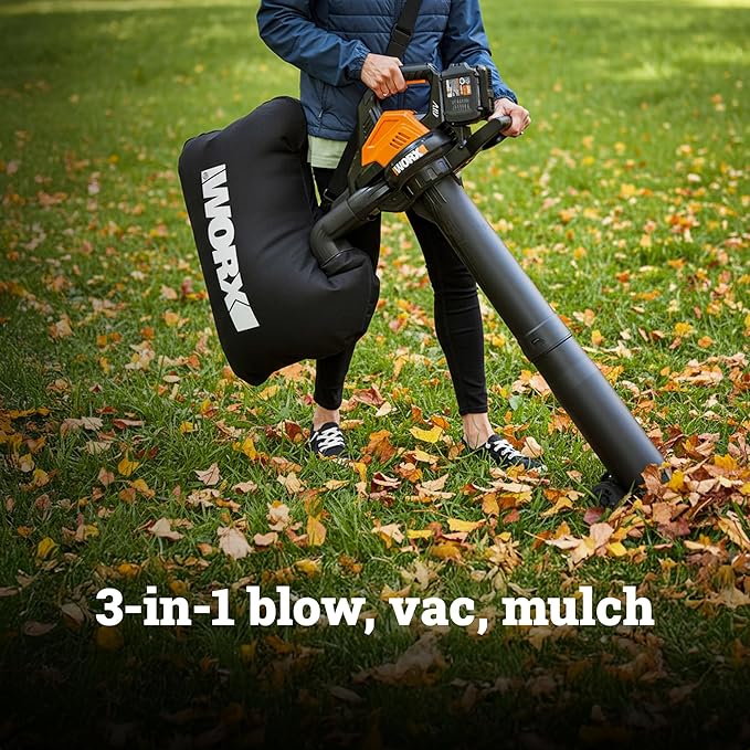 WORX Cordless Leaf Blower, 3 in 1 Blowers for Lawn Care with Leaf Vacuum & Leaf Mulcher, Electric Blower with Brushless Motor & 2 Speed Control, 2 × 4.0 Ah Batteries & Charger Included, WG583