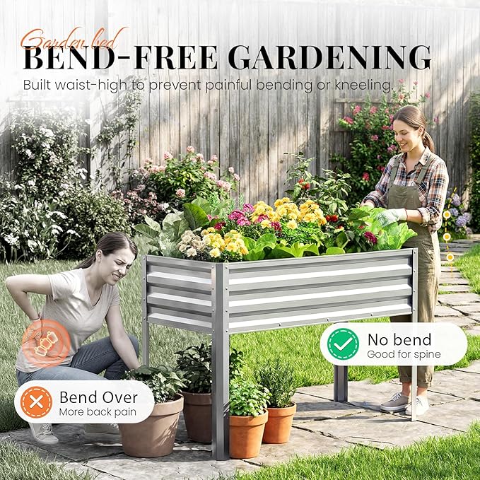 KING BIRD Large Raised Garden Bed with Legs Galvanized Elevated Planter Box 48×24×32 in for Backyard, Patio, Balcony, 400lb Capacity, Silver 2pcs