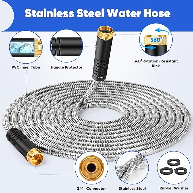 Garden Hose 50 ft, Stainless Steel Metal Hose, Flexible Water Hose with 10 Function Nozzle, Kink Free, Leak-Proof, Heavy Duty Hose for Yard, Outdoor, Lawn, RV, Car Wash and Camper Use