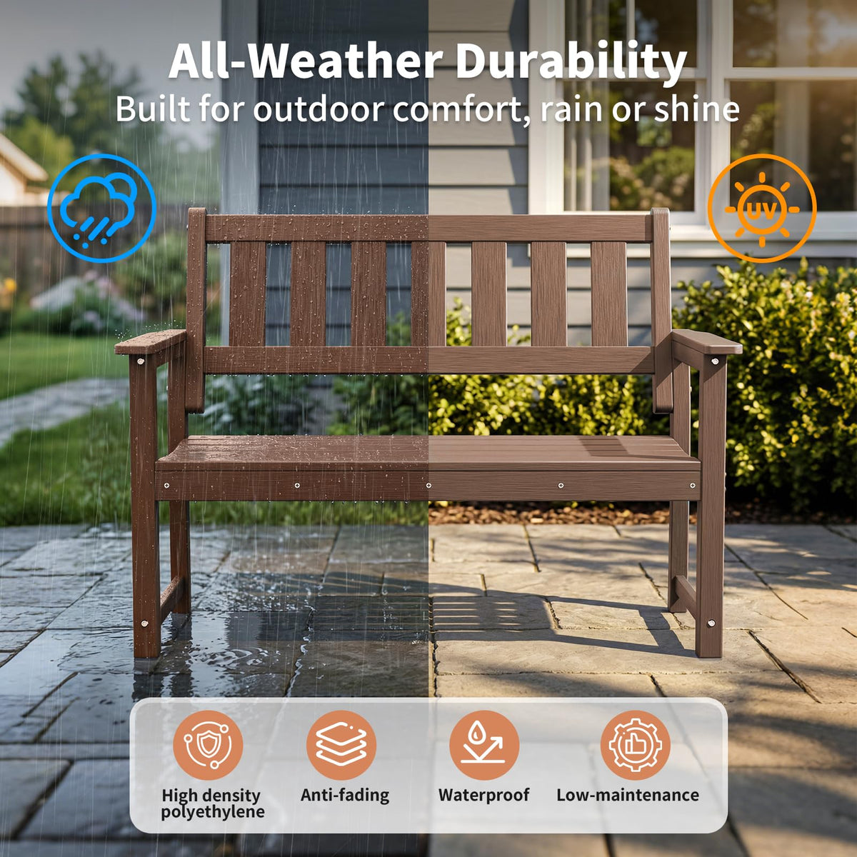 50" HDPE Weatherproof Outdoor Bench Patio Seating (Mocha Brown / 2-Person)