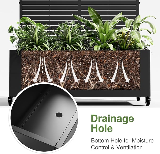 Casaphoria Metal Raised Garden Bed with Trellis and Wheels, 47"x47"x16" Planter Box for Climbing Plants, Vegetables & Vines, Features Drainage Holes and Privacy Screen (Black-Louvered)