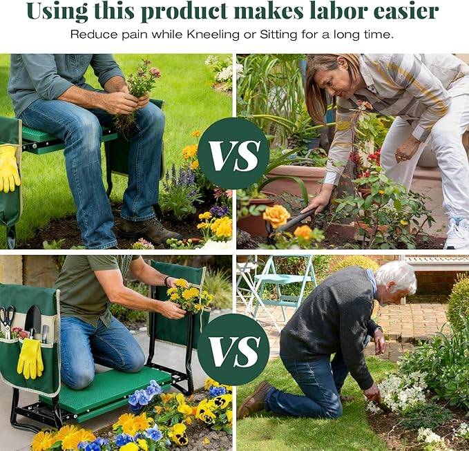 Upgraded Garden Kneeler and Seat with Thicken & Widen Soft Kneeling Pad,Heavy Duty Gardening bench kneeler and seat Foldable Gardening Stool with 2 Tool Pouches，Gifts for Women, Seniors, Mom & Dad