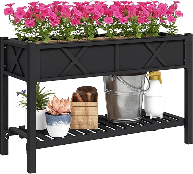 Outsunny Raised Garden Bed, Elevated Wood Planter Box with Storage Shelf, Drainage Holes and Liner for Backyard, Patio, Balcony, 47 x 22 x 31.5 in, Black