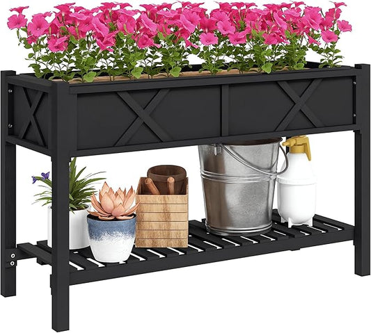 Outsunny Raised Garden Bed, Elevated Wood Planter Box with Storage Shelf, Drainage Holes and Liner for Backyard, Patio, Balcony, 47 x 22 x 31.5 in, Black