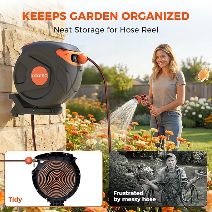 Upgraded Retractable Garden Hose Reel 1/2 inch x 85 ft Any Length Lock 9 Pattern Nozzle Wall-Mounted Automatic Slow Return 180° Swivel UV Resistant Heavy Duty Hose Reels for Outside