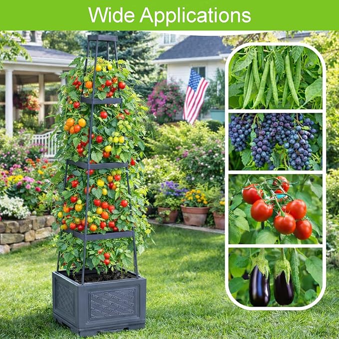 2PCS Raised Garden Bed Rolling Tomato Planter with Trellis, 57" Self-Watering Tomato Cage Planters Box for Climbing Plants Vegetable Flower Patio Garden Balcony Outdoor & Indoor (with Wheels)