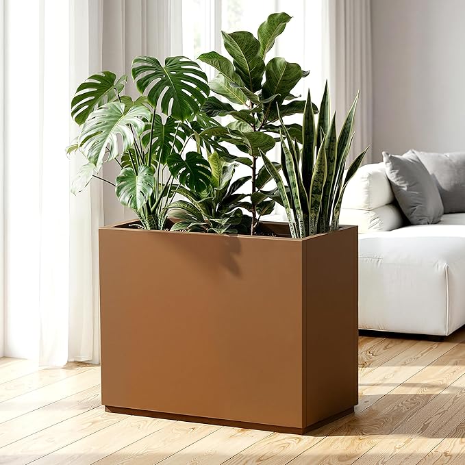 Tall Rectangular Planter Box, Metal Large Planters for Outdoor Plants, Flowers, with Drainage Holes (30" L x 12" W x 24" H, Brown)