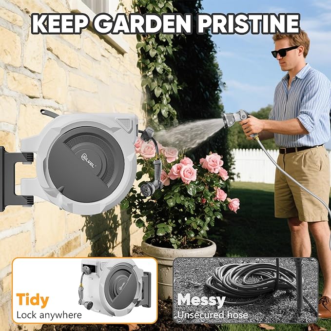 Retractable Garden Hose Reel, 1/2" x 150FT Heavy Duty Auto Hose Reel Wall Mounted, Upgraded UV Resistant with 10 Pattern Nozzle, Any Length Lock & Slow Return System,180°Swivel Bracket,Light Grey