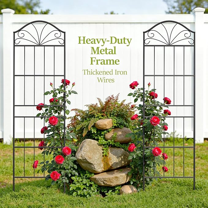 Metal Trellis for Climbing Plants Outdoor, 70 * 19.7 Inch Tall Garden Trellis with Black Rustproof Coating, Decorative Rose Trellis for Climbing Roses, Vines, and Flowers, 2 Pack