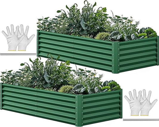 YITAHOME 6x3x1.5 2pcs Large Raised Garden Bed Kit, Galvanized Metal Planter Box with Gloves, Ground Nails, Support Rod, Outdoor Above Ground Planters for Plants Vegetables Flowers, Green