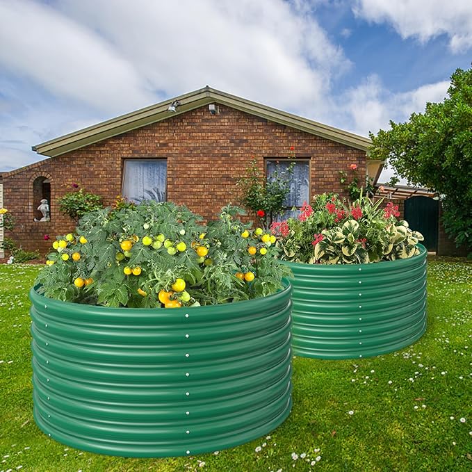 FRIZIONE 2-Pack 3FT(D) x2FT(H) Round Raised Garden Bed Outdoor, Raised Garden Beds for Flower, Raised Planter Box Outdoor for Herb, Vegetable-Dark Green