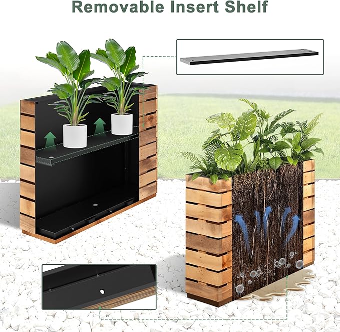 Metal Rectangular Planter Box with Drainage Holes, Tall & Large Rectangle Planter for Outdoor Plants, Flowers, Trees (30" L x 12" W x 24" H, Walnut Wood Grain)