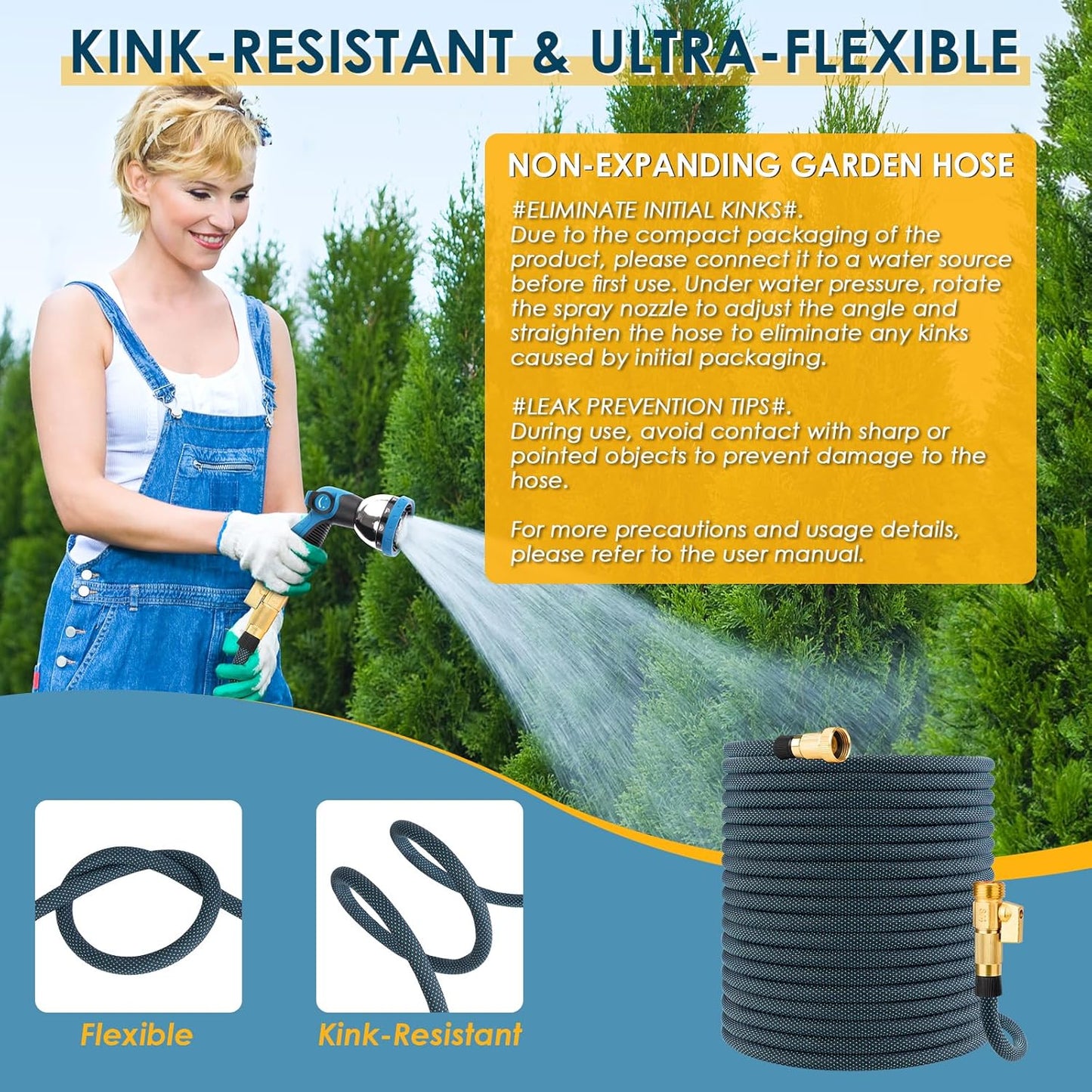 Non-Expanding Garden Hose 25 ft, Flexible Water Hose with 10 Function Spray Nozzle, Lightweight Hose Pipe, Leak-Proof, Durable, Kink-Resistant, 3/4 Inch Connector, Portable Storage Strap