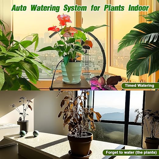 Automatic Watering System for Indoor Plants, DIY Drip Irrigation Kit with Timer for Potted Plants,Self Watering Device for Garden, Greenhouse & Vacation Plant Care (10 pots, Adjustable dripper)