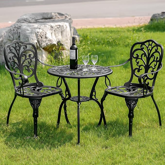 Outdoor Bistro Table and Chairs Set of 2, Outdoor Bistro Set 3 Piece with Umbrella Hole, Black Patio Bistro Sets Cast Aluminum for Balcony Porch Yard