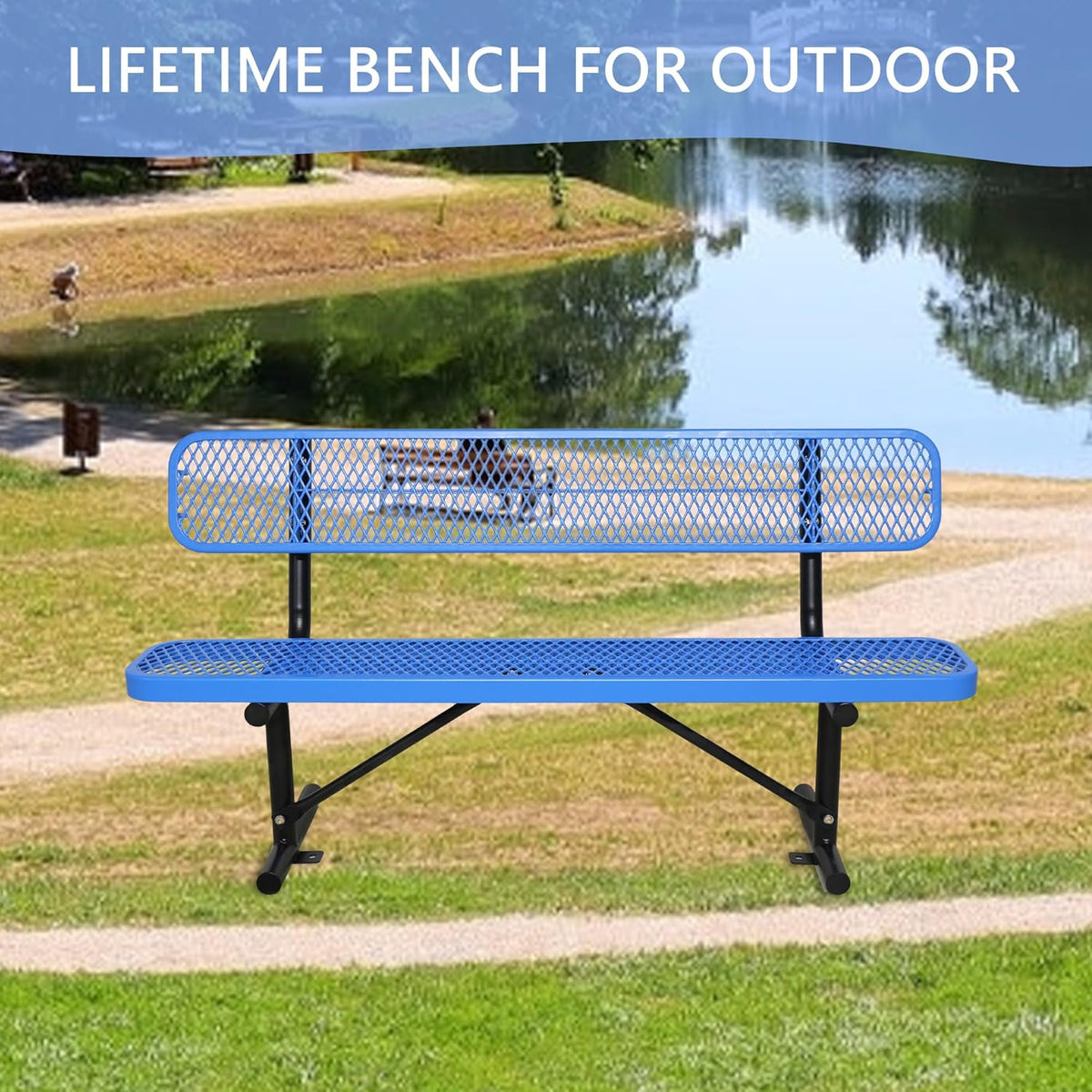 4/6/8 Feet Park Bench for Outside Heavy Duty Metal, Garden Benches Outdoor Bench with Backrest & Portable Frame, for Shopping Malls Stores Parks Patios Decks, Blue
