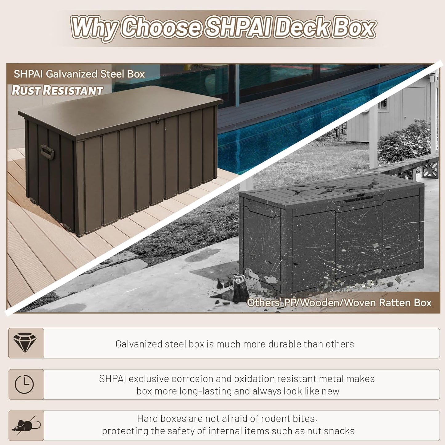 Outdoor Storage Box, 120 Gallon Metal Deck Box Waterproof, Outside Steel Storage Lockable Cabinet, Indoor Storage Bin Container for Patio/Poolside/Backyard Cushions, Pillow- Brown