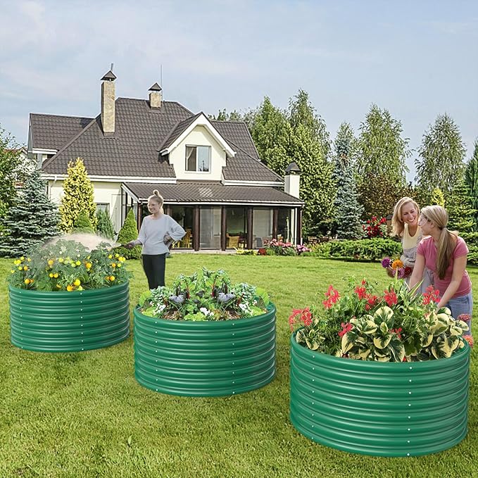 FRIZIONE 2-Pack 3FT(D) x2FT(H) Round Raised Garden Bed Outdoor, Raised Garden Beds for Flower, Raised Planter Box Outdoor for Herb, Vegetable-Dark Green