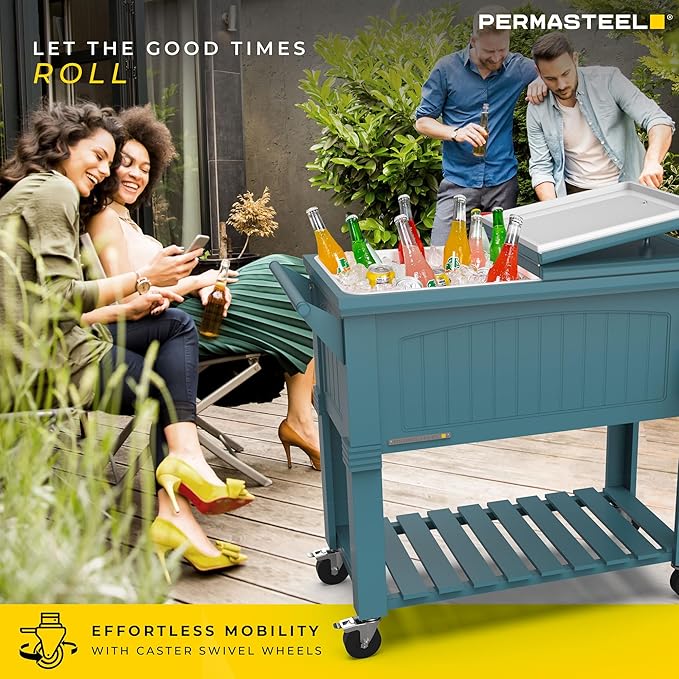 Permasteel 80-Qt Large Antique Patio Cooler with Wheels & Handles, Outdoor Rolling Beverage Cooler Cart with Bottom Storage Shelf, Wood-Style Hard Can Cooler for Outside, Teal Blue Green