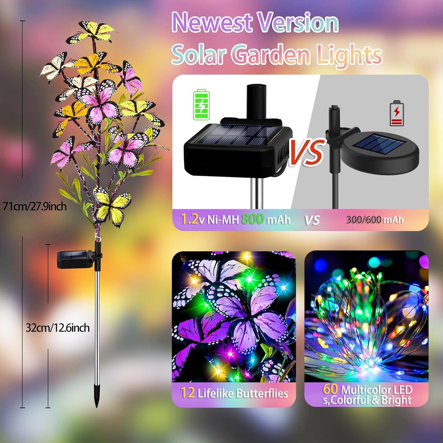 Solar Garden Lights Outdoor, Waterproof 6 Pack Solar Butterfly Lights with 60 LED 12 Butterfly Colorful Lighting for Garden Yard Lawn Outdoor Decor, Gift for Mom Women Mother's Day