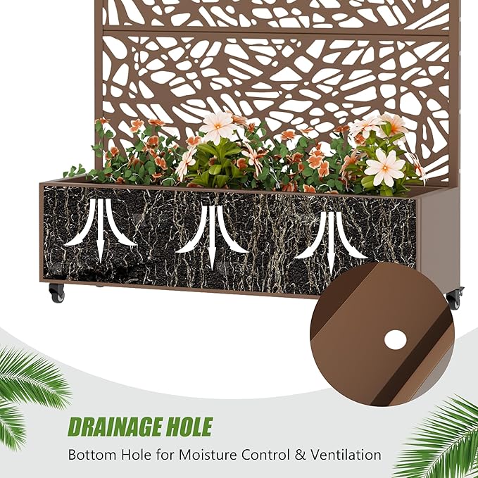 Casaphoria Metal Raised Garden Bed with Trellis and Wheels, 47"x47"x16" Planter Box for Climbing Plants, Vegetables & Vines, Features Drainage Holes and Privacy Screen, Brown-Net