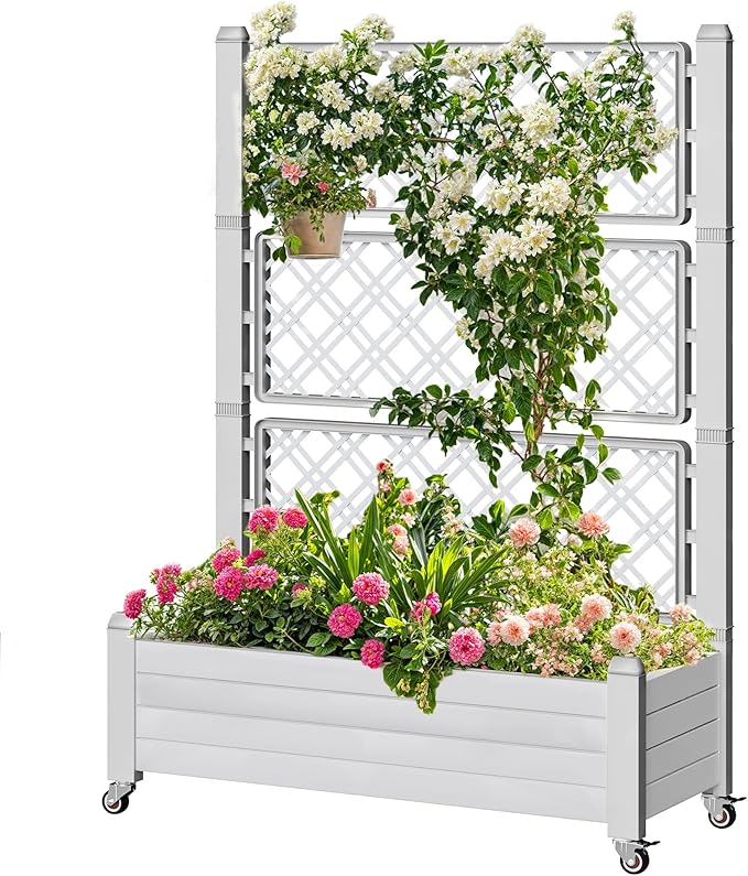 DWVO 3.6 x 1.5 x 5 FT Raised Garden Bed with Trellis, Large Outdoor Planter Trellis Box with Drainage Holes and Wheels for Climbing Plants, Grayish-White