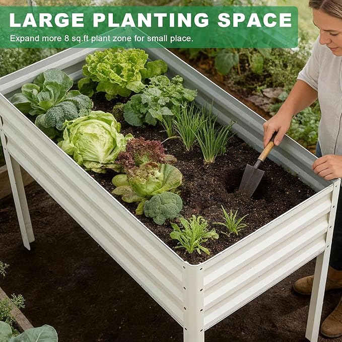 Elevated Raised Garden Bed with Legs, 48x24x32in Galvanized Planter Box Outdoor with Drainage Holes, Large Metal Raised Beds for Gardening Vegetables Herbs, Backyard, Patio, Balcony, White