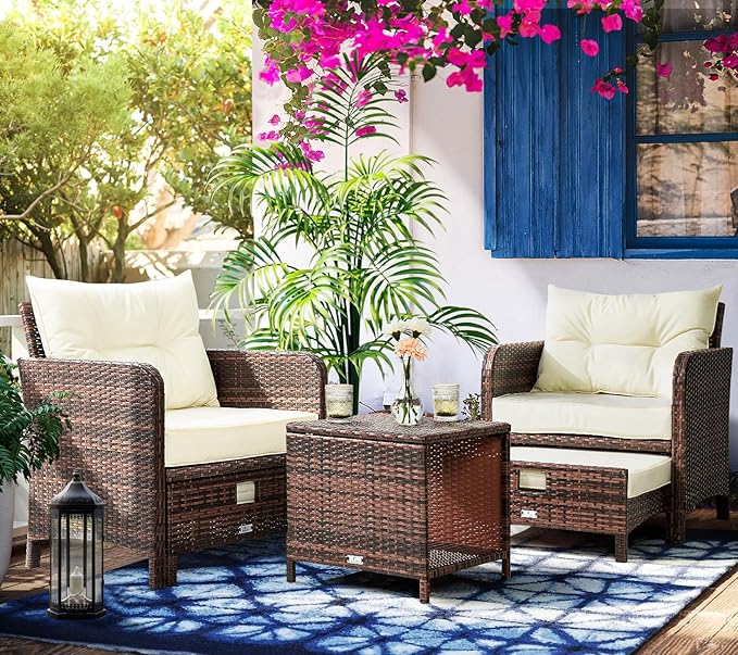 Pamapic 5 Pieces Patio Furniture Set, Rattan Balcony Furniture with Ottomans, PE Wicker Outdoor Patio Chairs Set with Coffee Table for Poolside, Porch, Lawn, Garden, Balcony(Beige)