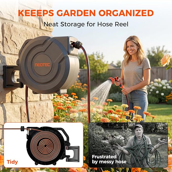 NEOTEC Retractable Garden Hose Reel 1/2 inch x 100ft, Heavy Duty Hose Reel 9-Pattern Nozzle, Auto Lock & Slow Return System, 180° Swivel Bracket