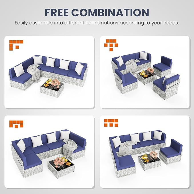 Pamapic 7 Piece Outdoor Sectional Sofa Set, All-Weather Patio Furniture with Washable Cushions, Waterproof Gray Rattan Wicker Conversation Set for Backyard, Poolside, Garden (Navy Blue Cushions)