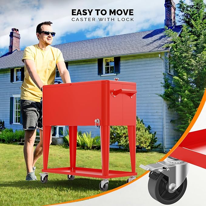 VINGLI 80 Quart Rolling Ice Chest, Portable Patio Party Bar Drink Cooler Cart, with Shelf, Beverage Pool with Bottle Opener