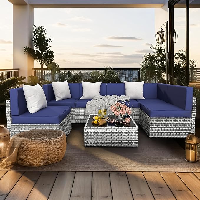 Pamapic 7 Piece Outdoor Sectional Sofa Set, All-Weather Patio Furniture with Washable Cushions, Waterproof Gray Rattan Wicker Conversation Set for Backyard, Poolside, Garden (Navy Blue Cushions)