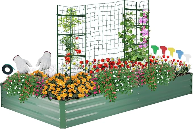 ONCEMORE Galvanized Raised Garden Bed for Vegetables Flowers Herbs, Metal Raised Garden Bed Kit with 2 PCS Tomato Cage, Gloves, Trellis Netting, Plant Labels, Plant Ties, Green 6×3×1FT