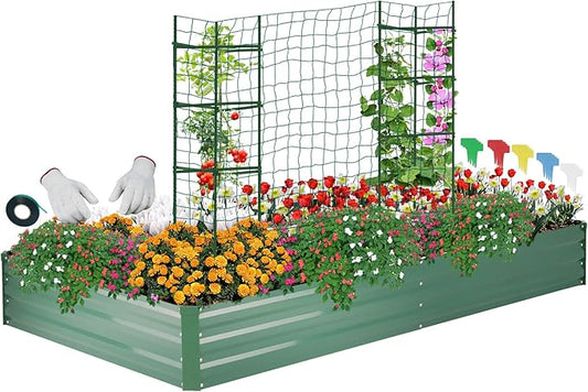 ONCEMORE Galvanized Raised Garden Bed for Vegetables Flowers Herbs, Metal Raised Garden Bed Kit with 2 PCS Tomato Cage, Gloves, Trellis Netting, Plant Labels, Plant Ties, Green 6×3×1FT