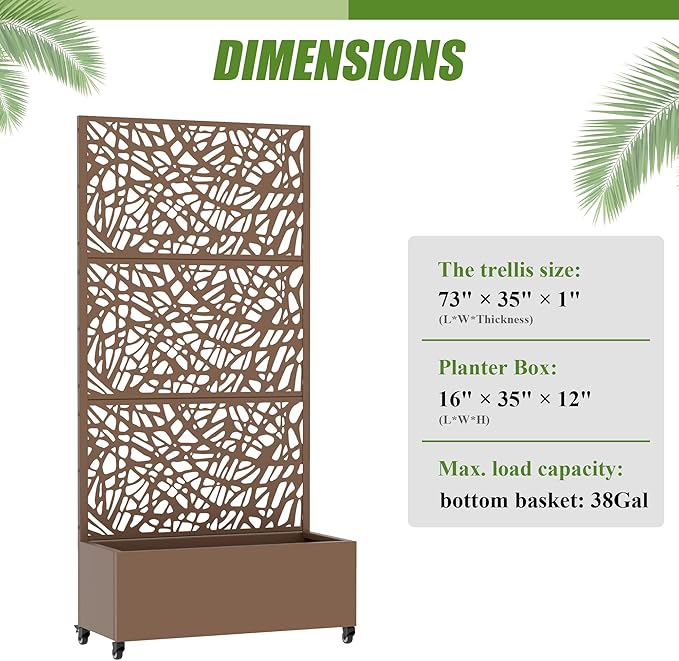 Casaphoria Metal Raised Garden Bed with Trellis and Wheels, 72"x35"x16" Planter Box for Climbing Plants, Vegetables & Vines, Features Drainage Holes and Privacy Screen, Brown-Net