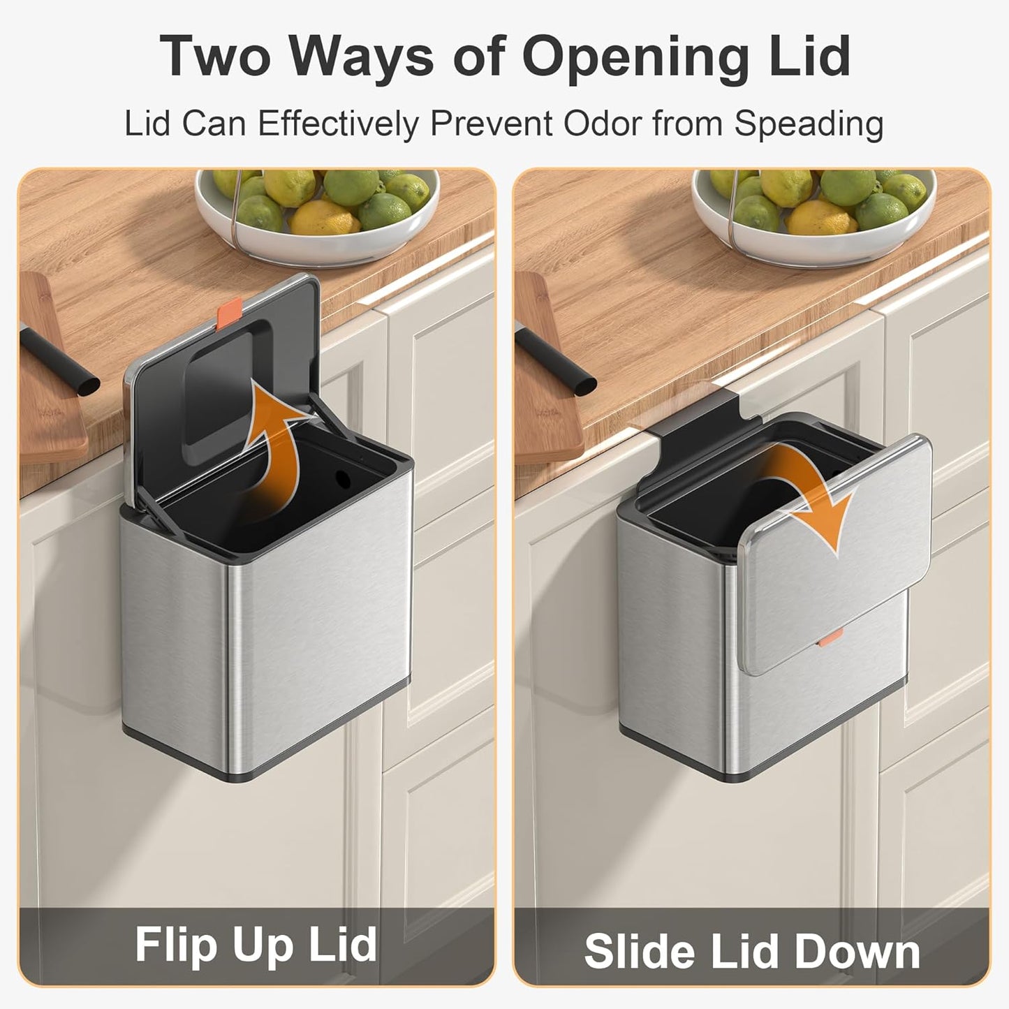 Mbillion Kitchen Compost Bin Hanging Trash Can with Lid 1.05 Gallon Stainless Steel Garbage Can for Kitchen Cabinet Door Mounted Trash Can Under Sink Door RV Bathroom,Silver