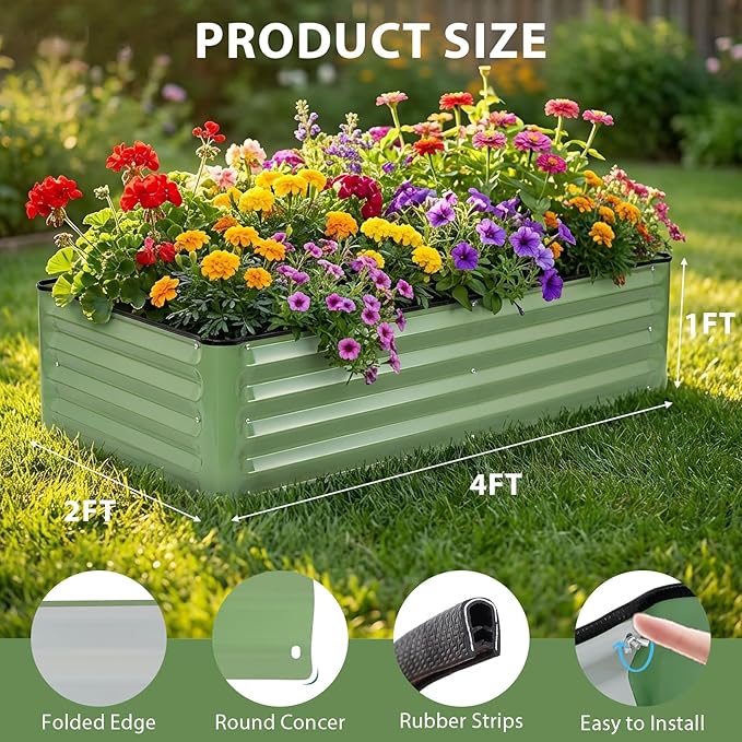 Galvanized Raised Garden Bed – 1 Pack 4x2x1 Ft Patented Leak-Proof Planter Box Outdoor Gardening Metal Raised Garden Beds Kits for Veggies, Herbs & Flowers (Green)