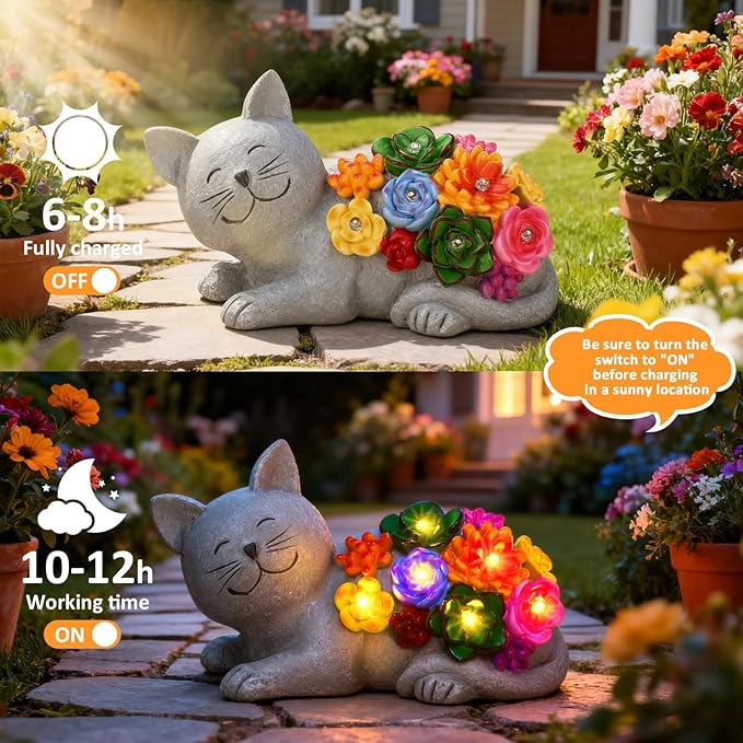 Solar Cat Garden Statues with Succulent and 6 LED Lights, Birthday Gifts for Women Mom Men, Outdoor Garden Decor for Cat Lover, Yard Decor Art Lawn Patio Balcony