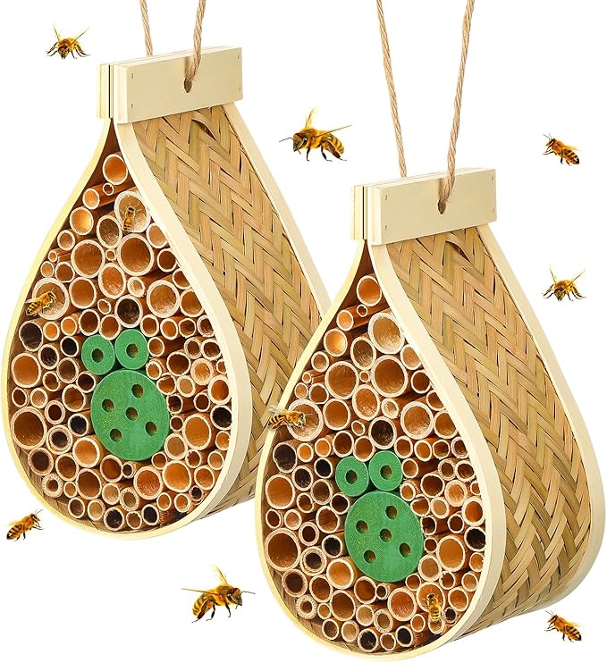 2 Pcs Mason Bee House Hanging Bee Hives Wild Pollinator Bamboo Mason Bee Habitat Hotel with Tubes Beekeeping Supplies for Enhance Garden Productivity(Water Drop)