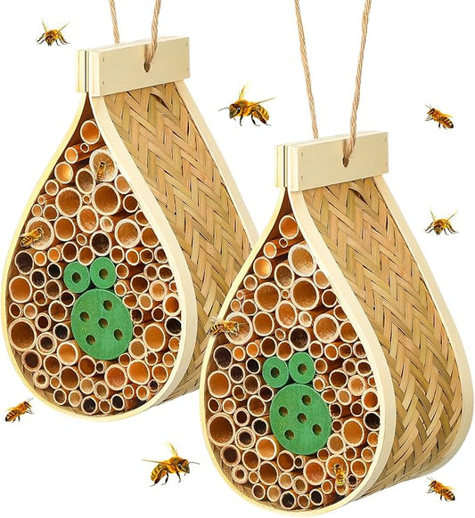 2 Pcs Mason Bee House Hanging Bee Hives Wild Pollinator Bamboo Mason Bee Habitat Hotel with Tubes Beekeeping Supplies for Enhance Garden Productivity(Water Drop)