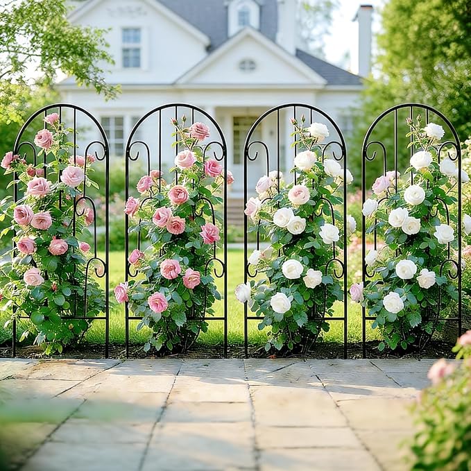 4 Pack Arched Metal Garden Trellis for Climbing Plants 45" H x 15.9" W – Rustproof Iron Trellis with Decorative Scrollwork, Metal Trellised Wire Lattices Grid Panels for Roses, Clematis, Vines