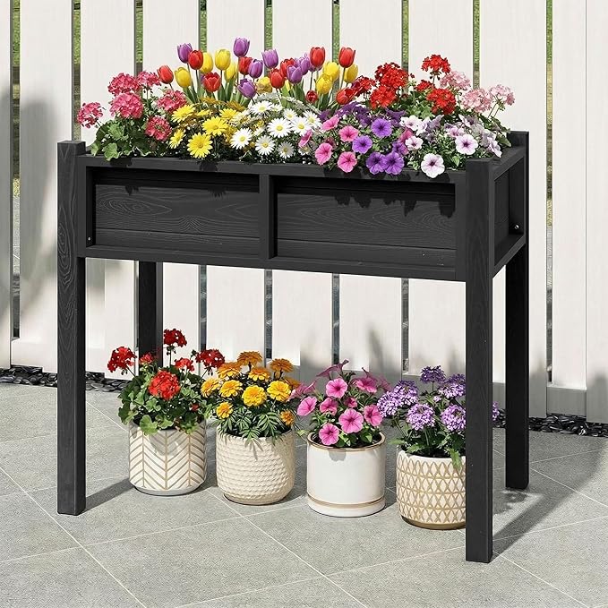 DWVO Raised Garden Bed HDPE with Legs Poly-Wood All-Weather Elevated Planter Box Outdoor with Drainage System Patio Planters for Herbs Vegetables Flowers Plant Bed for Garden Balcony, Black