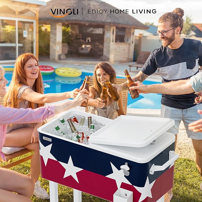VINGLI 80 Quart Rolling Ice Chest, Portable Patio Party Bar Drink Cooler Cart, with Shelf, Beverage Pool with Bottle Opener