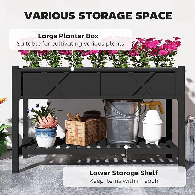 Outsunny Raised Garden Bed, Elevated Wood Planter Box with Storage Shelf, Drainage Holes and Liner for Backyard, Patio, Balcony, 47 x 22 x 31.5 in, Black