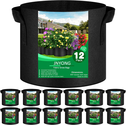 12-Pack 30 Gallon Thickened Non-Woven Grow Bags, Aeration Fabric Pots with Handles（Black）