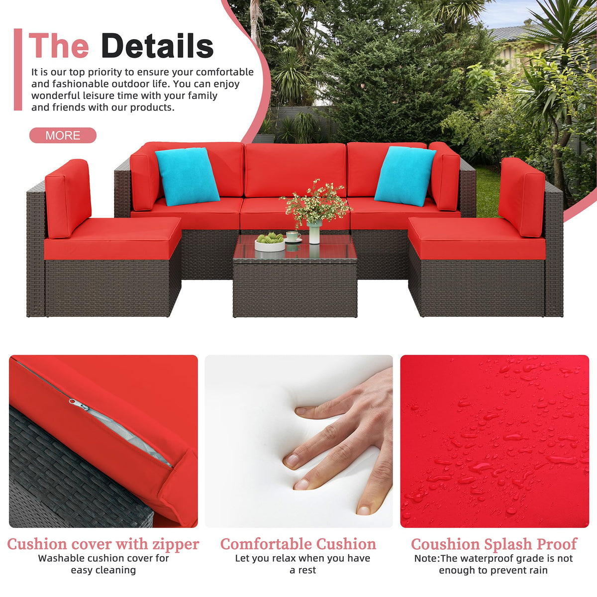 6 Pieces Patio Furniture Set Outdoor Couch Wicker Sectional Sofa (Red / 6 pcs)
