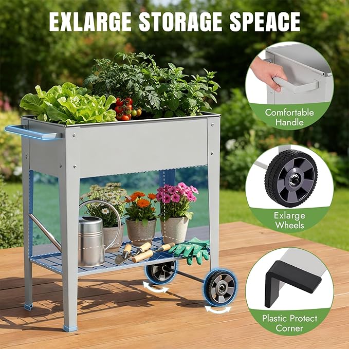 INNO STAGE 31.5" Tall Raised Garden Bed with Legs & Wheels- Elevated Planter Box with Shelf, Anti-Rust Metal Galvanized Steel Garden Bed for Herb, Vegetable, Gradening, Patio, Balcony, Backyard