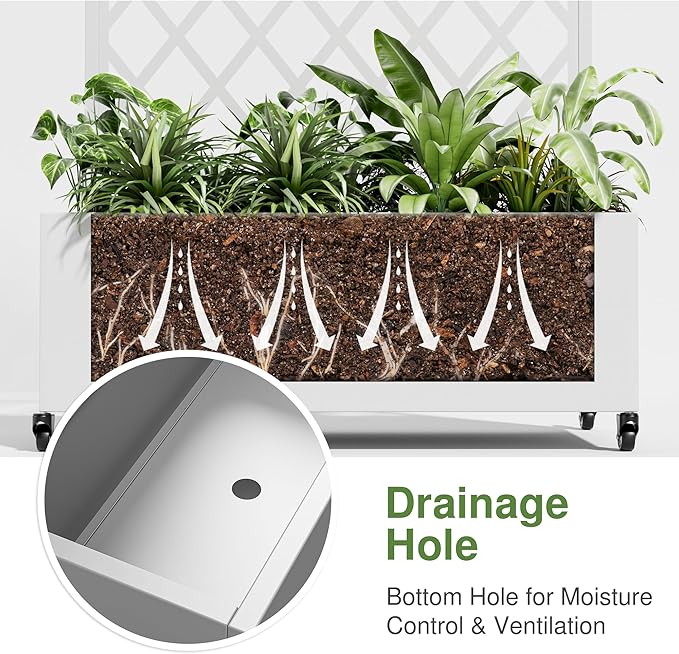 Casaphoria Metal Raised Garden Bed with Trellis and Wheels, 72"x35"x16" Arched Planter Box for Climbing Plants, Vegetables & Vines, Features Drainage Holes and Privacy Screen (White-Rhombus)