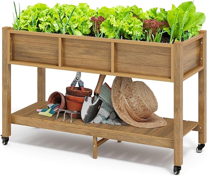 DWVO 47x18x31in Raised Garden Bed Outdoor HDPE with Legs and Lockable Wheels, Weather-Resistant Poly-Wood Elevated Planter Box, Double Tier Planters for Backyard Patio Balcony, Brown